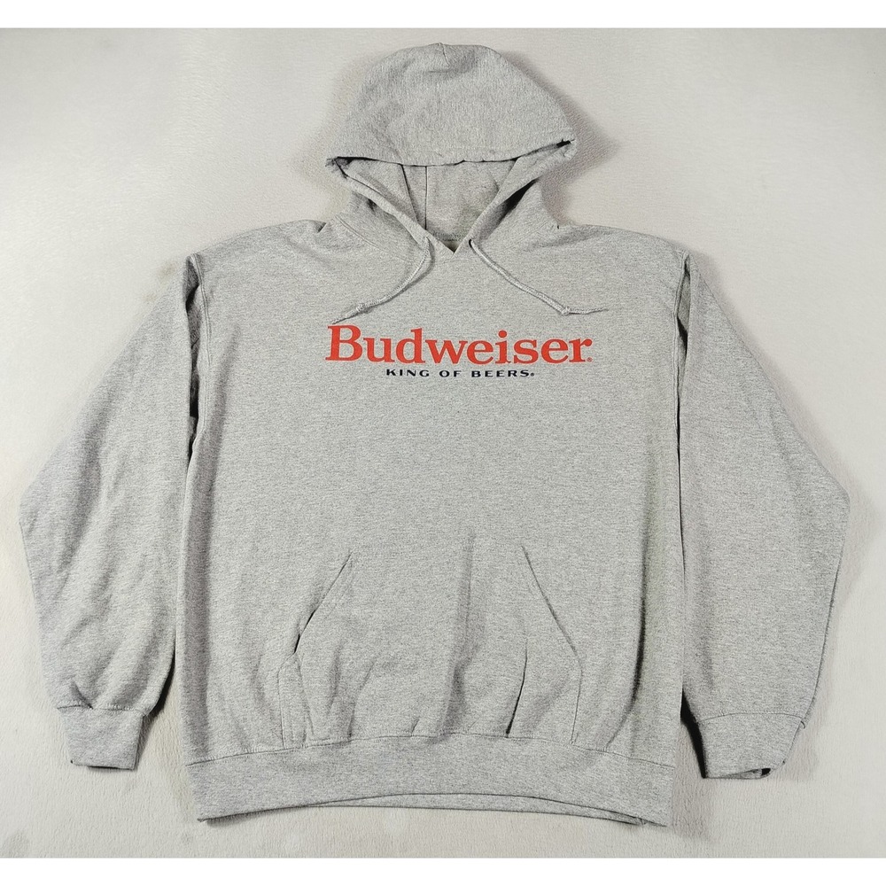 Budweiser Hoodie Sweatshirt Mens Medium Gray Brew City Graphic Fleece Pullover